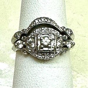 Antique White Gold Diamond Engagement Ring with Soldered Wedding Band